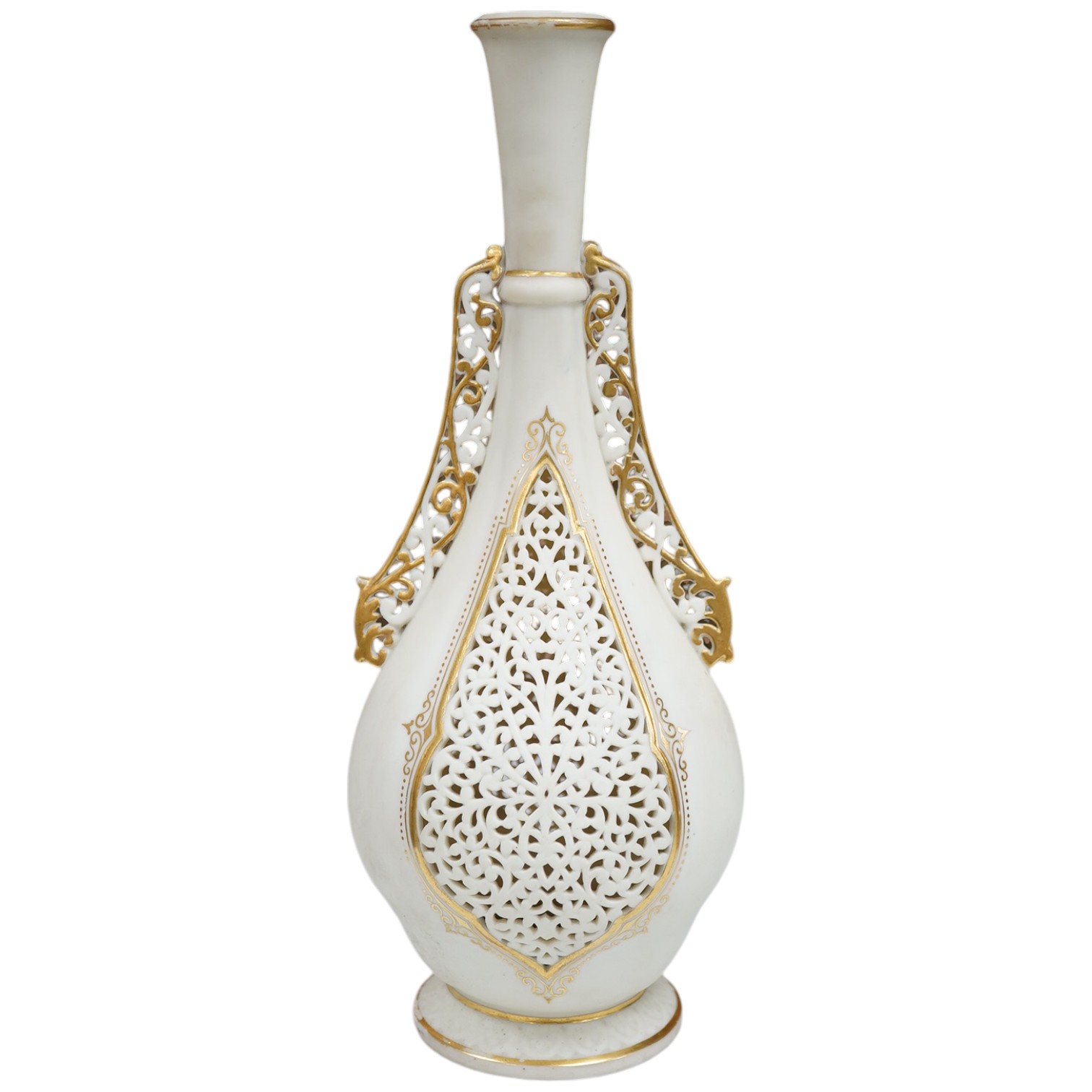 A Grainger's reticulated vase with gilded decoration, 30cm high. Condition - fair to good